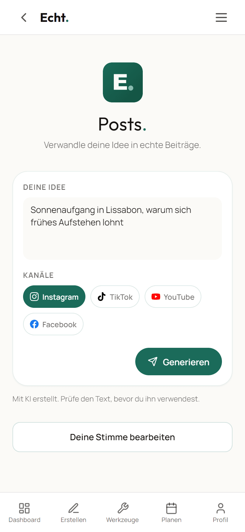 ECHTAPP auf dem Handy: Die Idee „Sonnenaufgang in Lissabon“ ist eingegeben, Instagram ist ausgewählt.